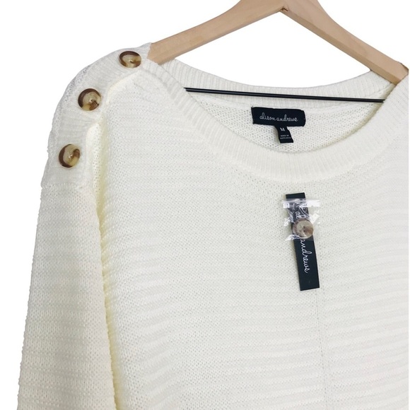 New! Ribbed Knit Boatneck Shoulder Buttons Split Hem Ivory Cream Sweater - Picture 7 of 11